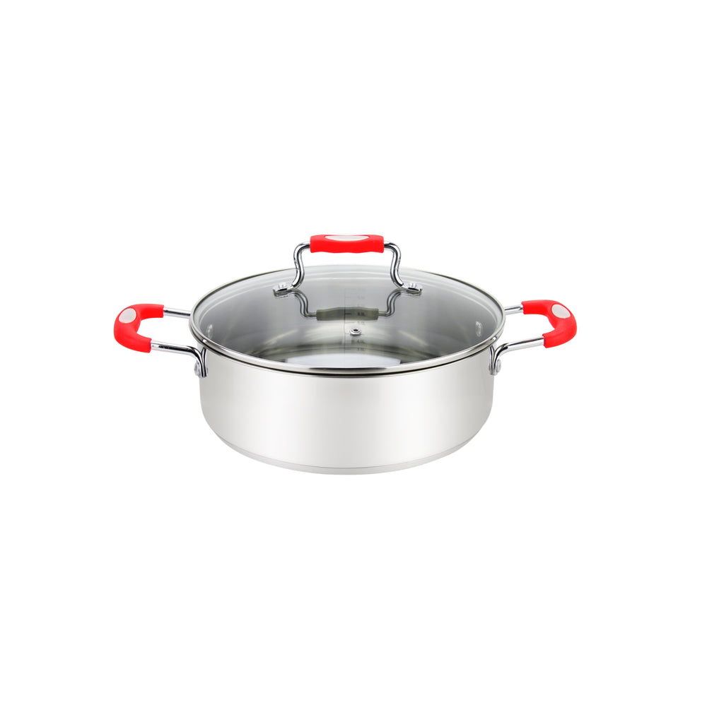Millvado - Urban, Low Casserole with Glass Lid, Silicone Handles, 18/10 SS, Red, 12.6 qt