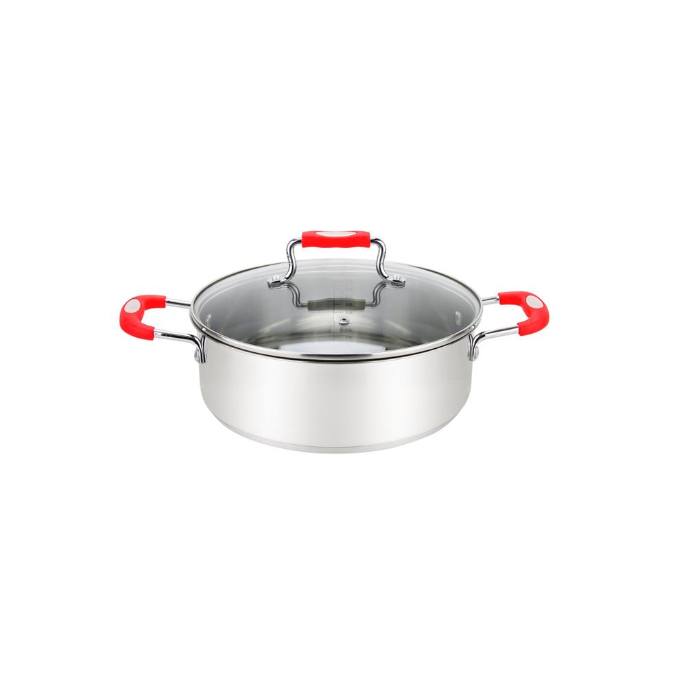Millvado - Urban, Low Casserole with Glass Lid, Silicone Handles, 18/10 SS, Red, 3.5 qt