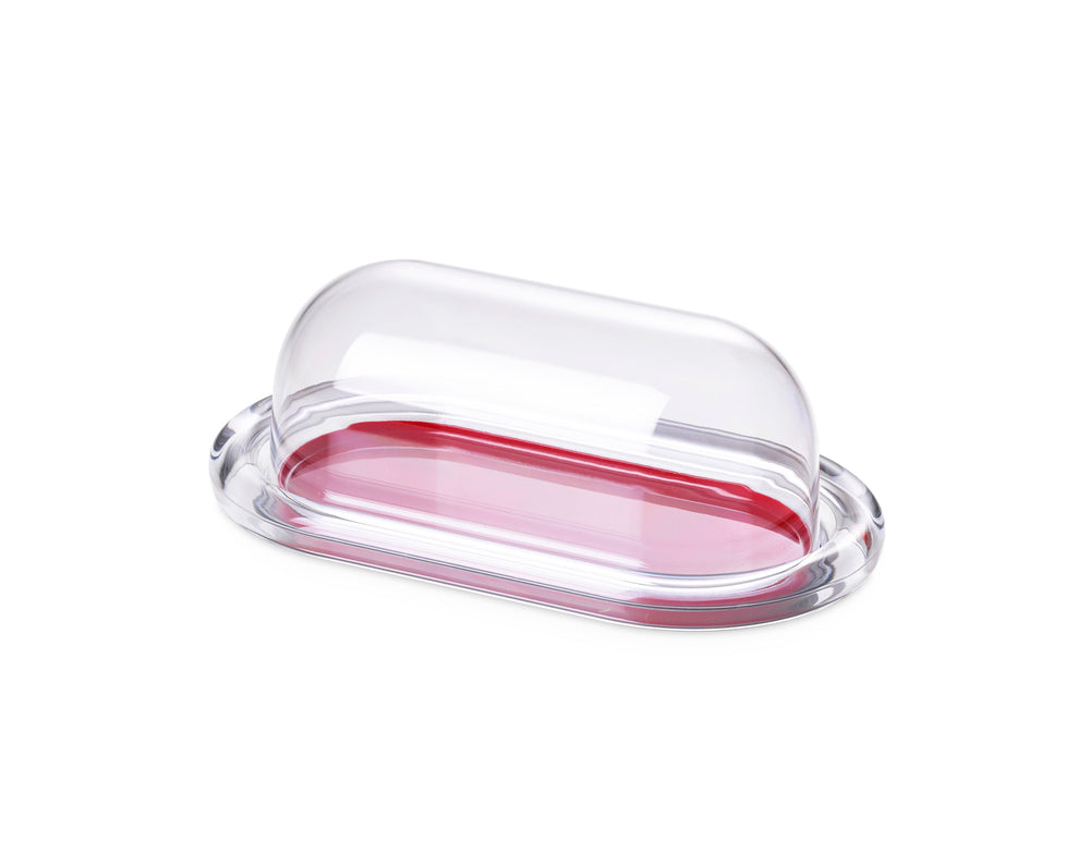 Omada - Crystal, Acrylic Butter Dish with Tray and Dome, Red, 8.27" x 4.72" x 3.15"