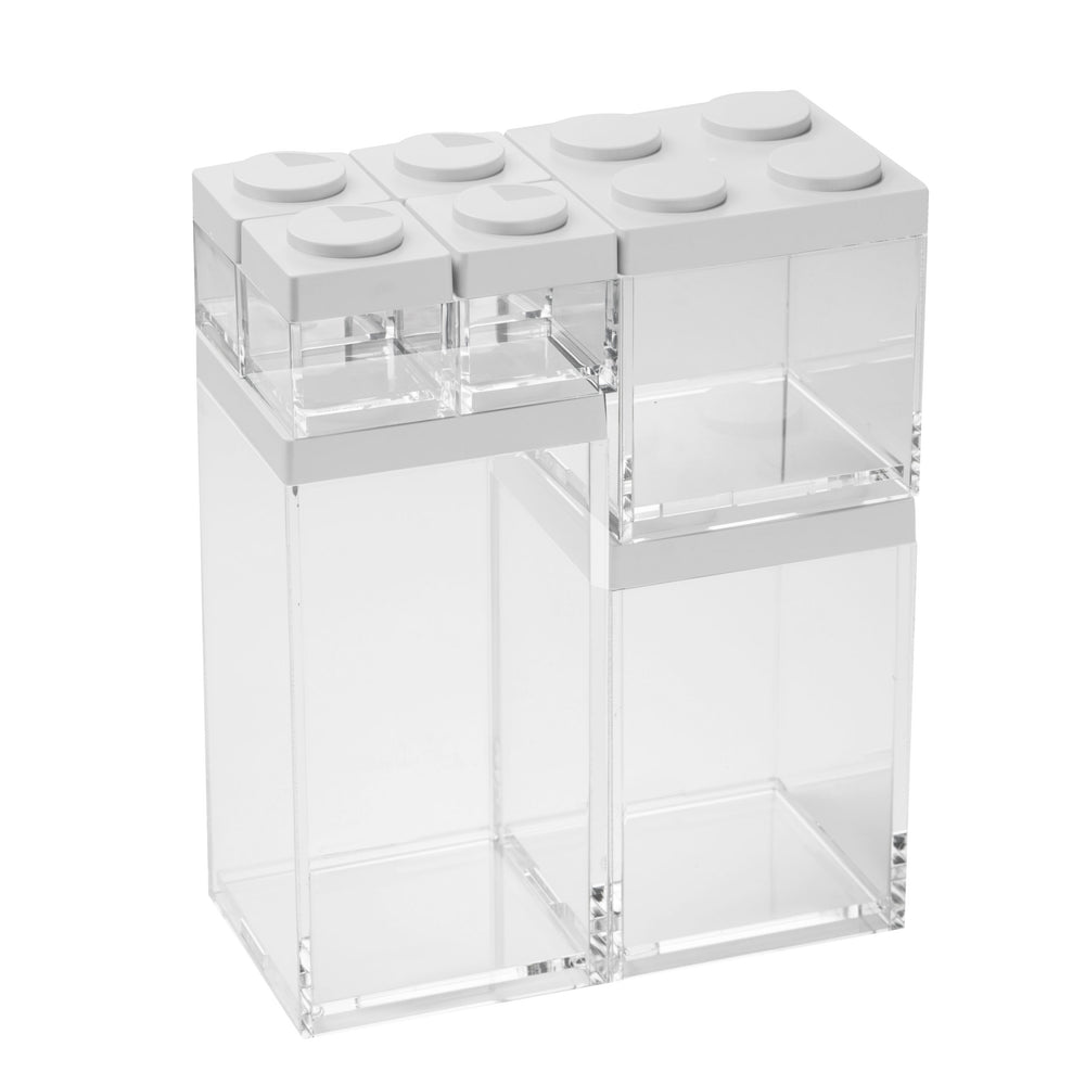 Omada - Brickstore, Lego Acrylic Food Storage Container, White, 4 x S&P Shaker 3.4 oz, 17 oz, 34 oz, 50 oz Flat, 7 Pc Set