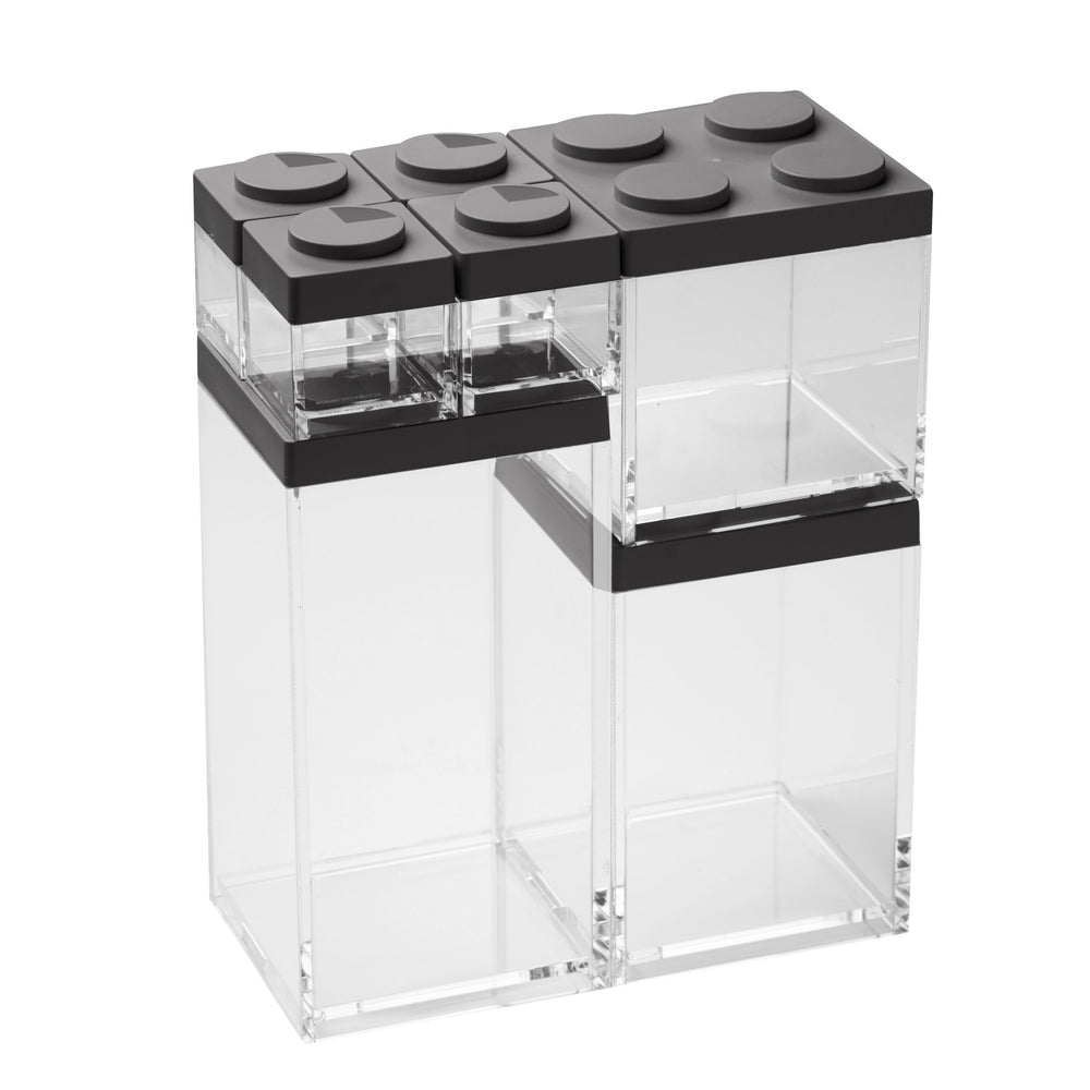 Omada - Brickstore, Lego Acrylic Food Storage Container, Black, 4 x S&P Shaker 3.4 oz, 17 oz, 34 oz, 50 oz Flat, 7 Pc Set