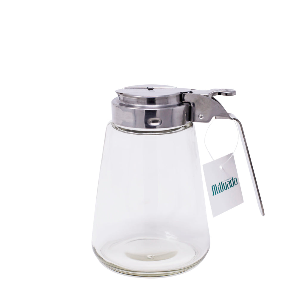 Millvado - Glass Sugar/Syrup Dispenser with SS Lid, Thumb Lever, 12 oz