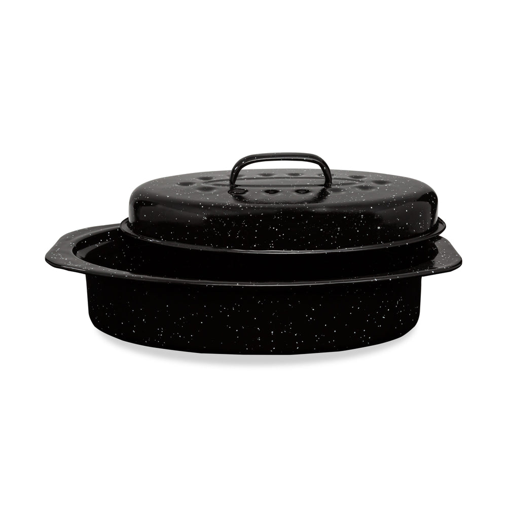 Millvado - Granite, Small Oval Roaster with Lid, Black, 13" x 8.7" x 5", 7lb
