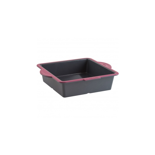 Trudeau - Structured Silicone Square Cake Pan, Gray, Fuchsia Handle, 8" x 8"
