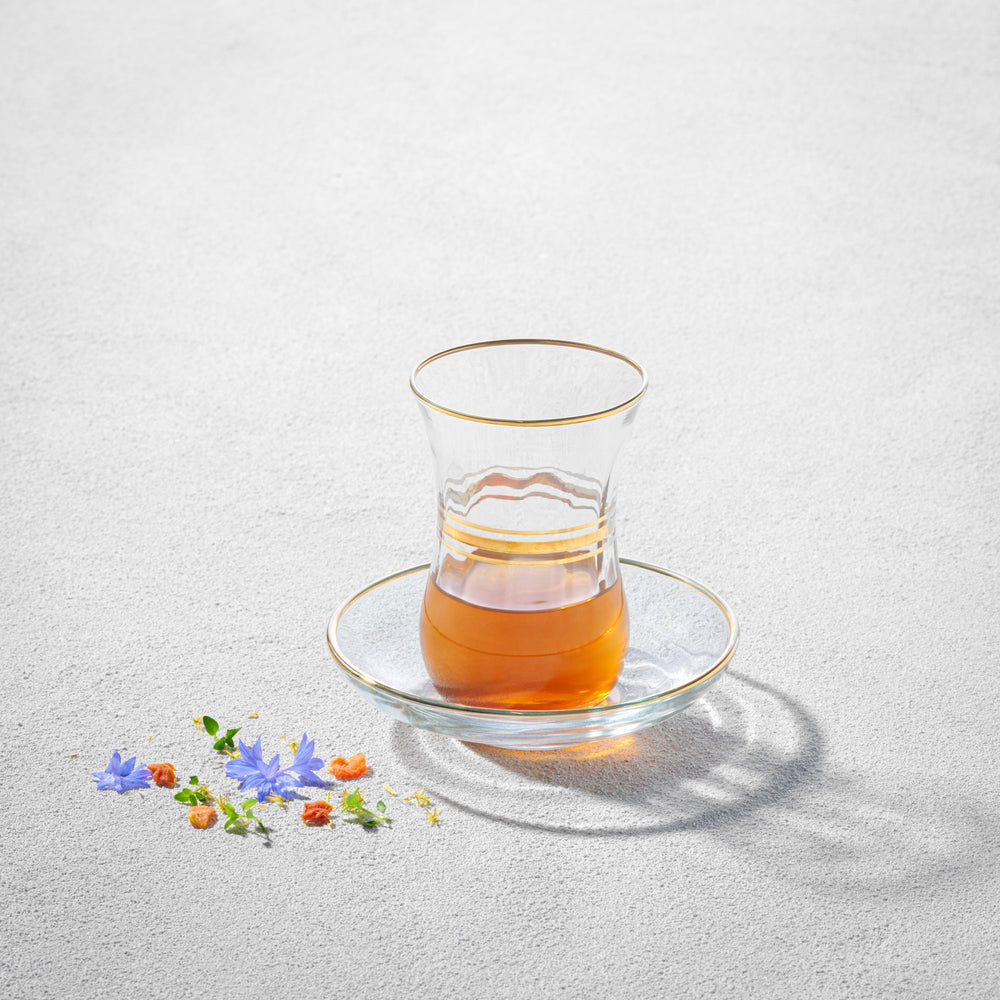 LAV - Cays, Glass Teacup and Saucer, Gold Rim, 4 oz, 6 Pk