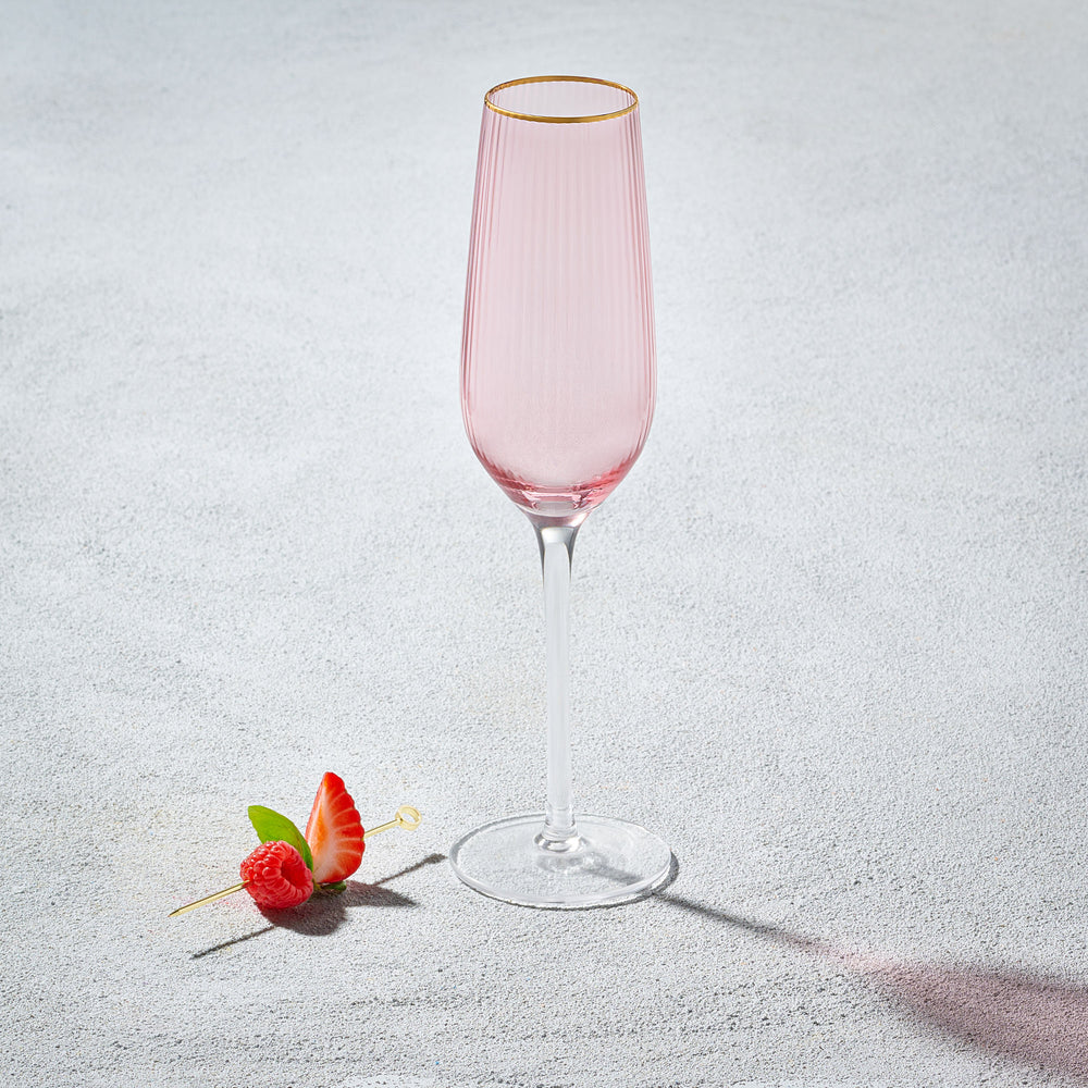 Vikko - Bay Peach, Hand Blown Champagne Flute Glass, Peach with Gold Rim, 7 oz