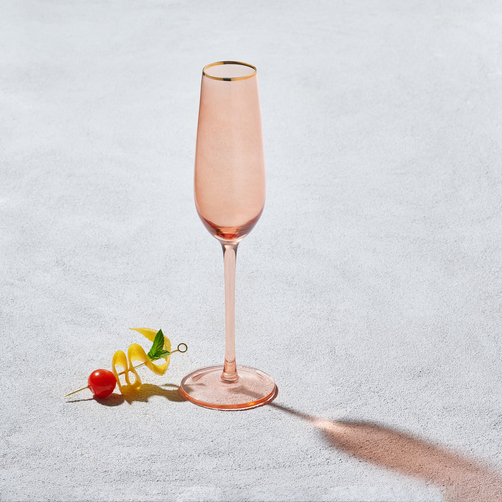 Vikko - Platinum, Champagne Flute Glass, Coral with Gold Rim, 8.5 oz