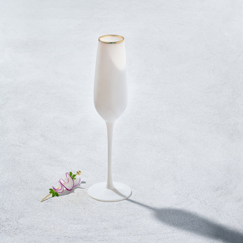 Vikko - Platinum, Champagne Flute Glass, White with Gold Rim, 8.5 oz