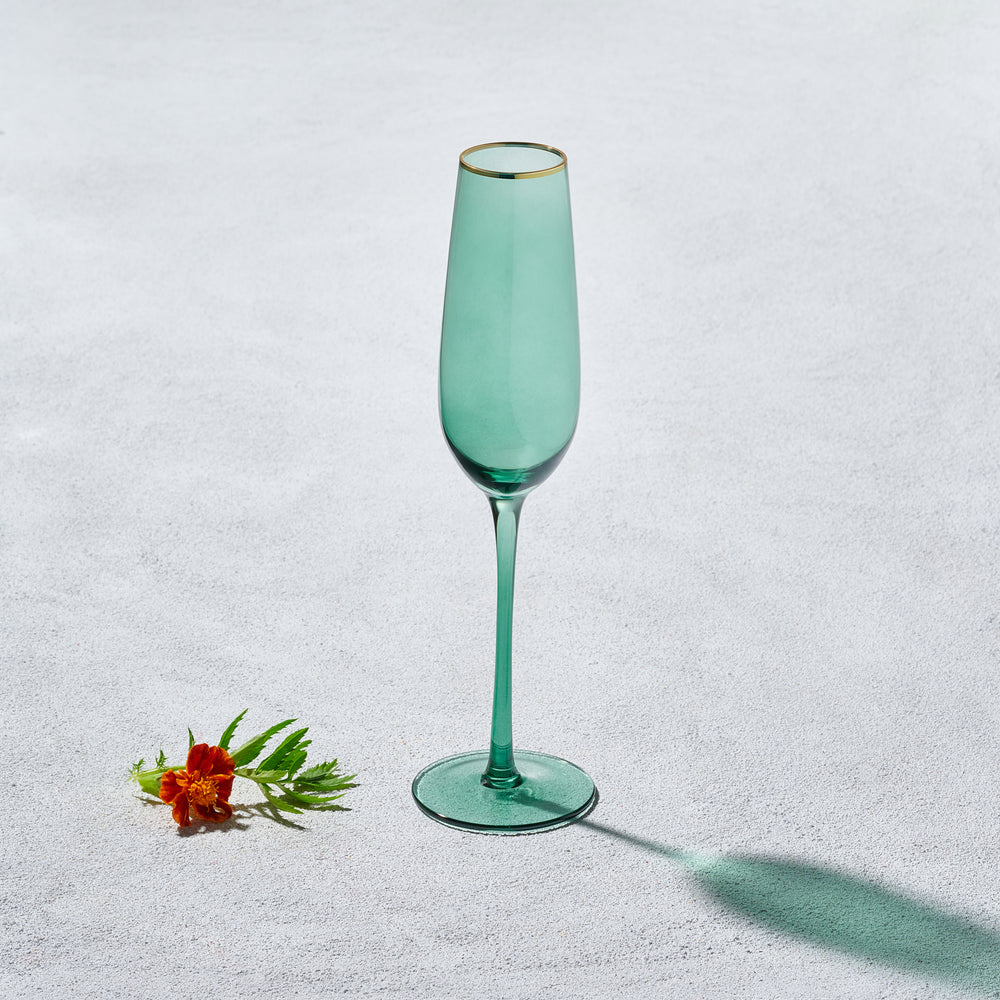 Vikko - Platinum, Champagne Flute Glass, Green with Gold Rim, 8.5 oz
