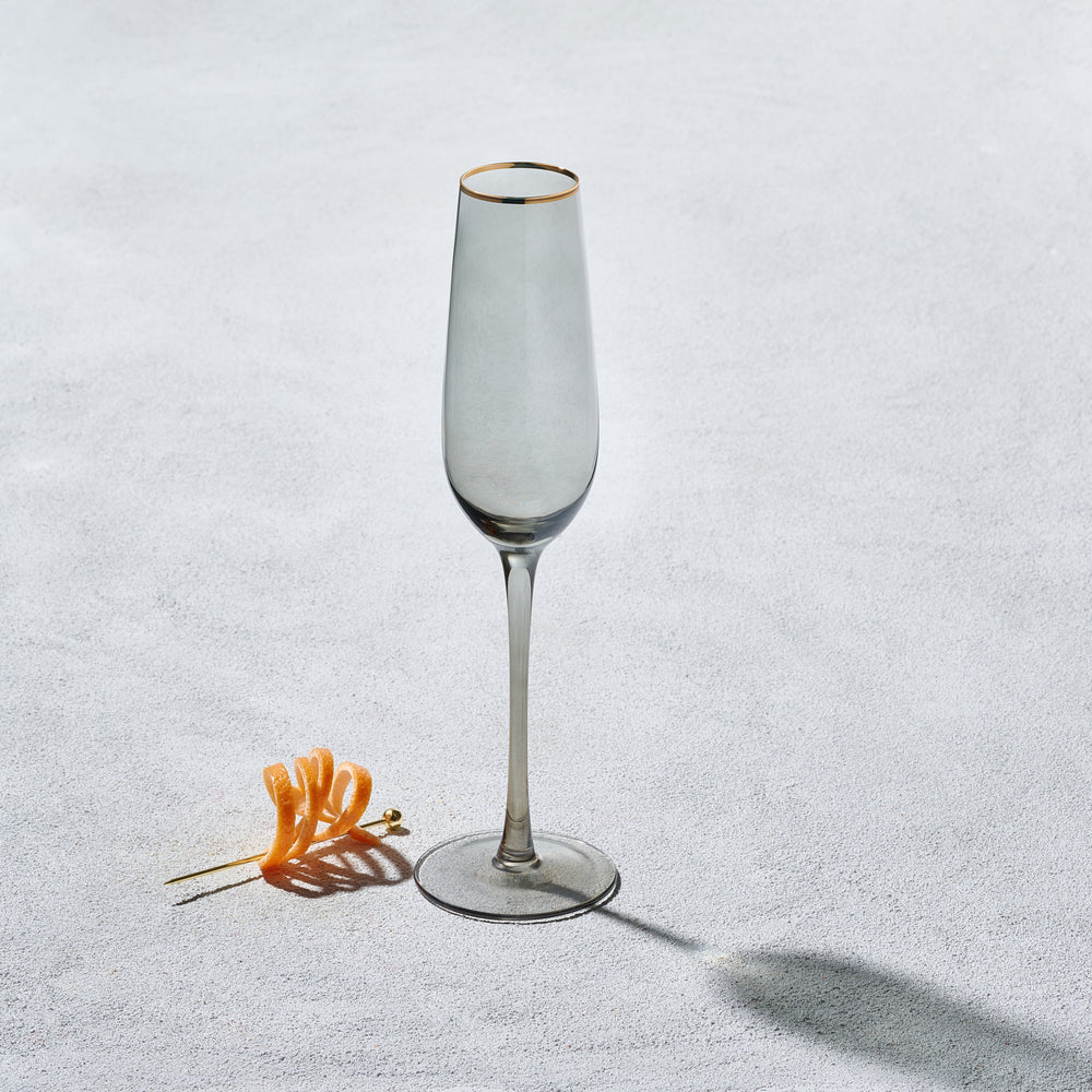 Vikko - Platinum, Champagne Flute Glass, Smoked with Gold Rim, 8.5 oz