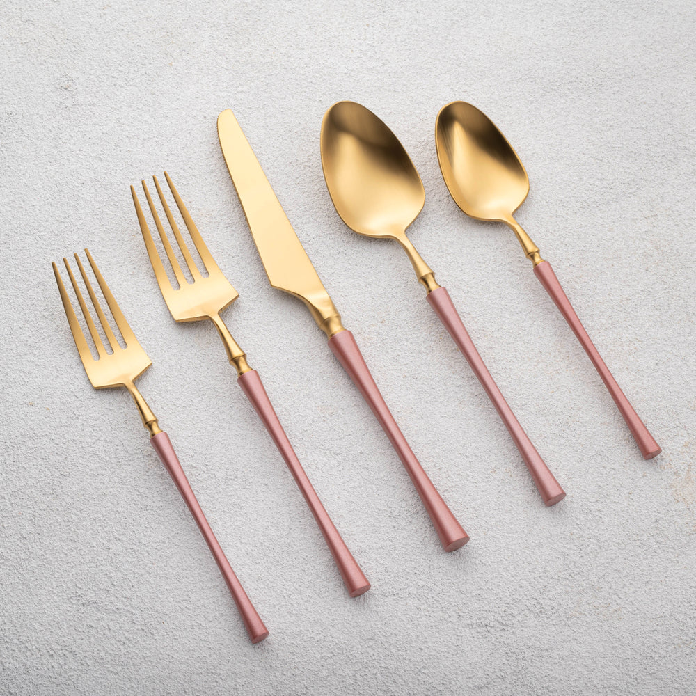Vikko - Irene, Brushed Gold with Pink Handle, 18/10 SS, 20 Pc Flatware Set - Gift Box Window