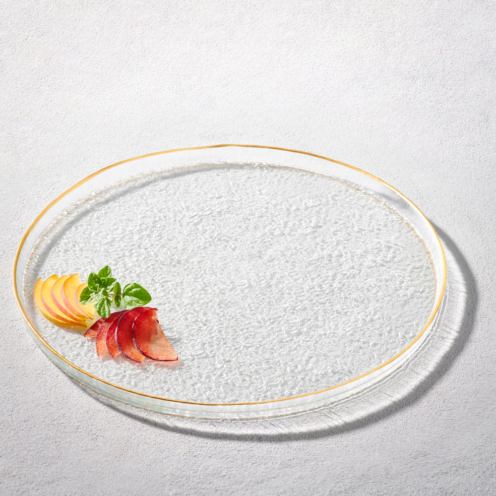 Vikko - Hammered Glass Charger with Gold Rim and Lip, Dishwasher Safe, 13"