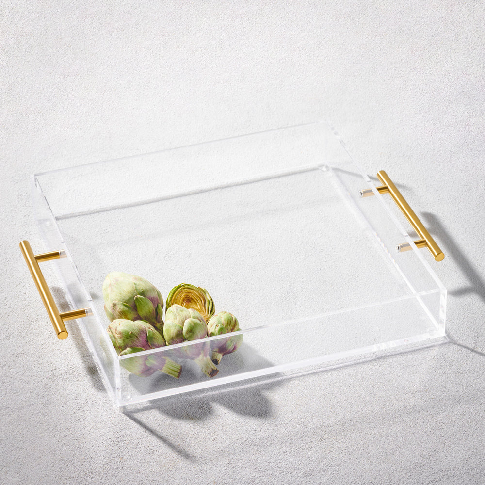 Vikko - Grace, Acrylic Square Tray, Clear with Gold Handle, 12"x 12" x 2"