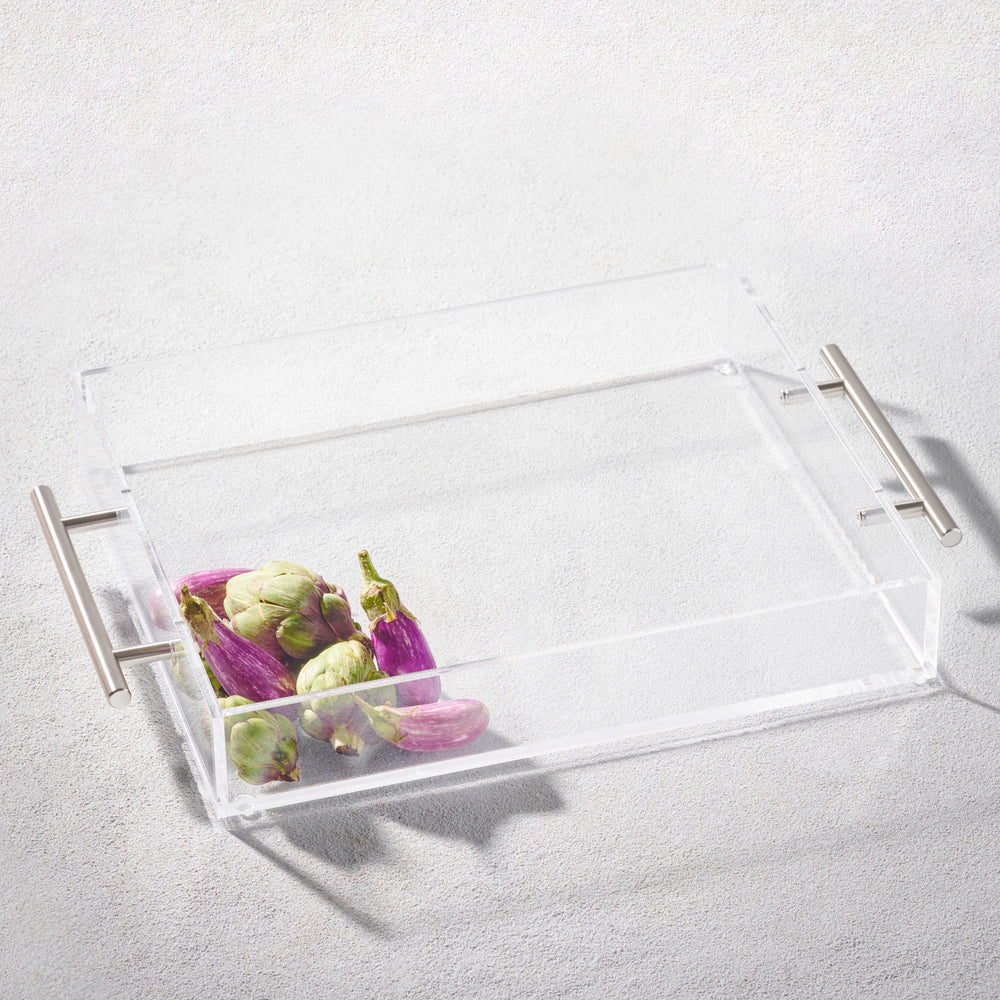 Vikko - Grace, Acrylic Tray, Clear with Silver Handle, 12" x 10" x 2"