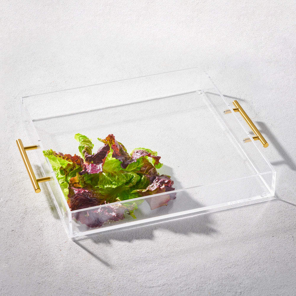Vikko - Grace, Acrylic Square Tray, Clear with Gold Handle, 14" x 14" x 2"