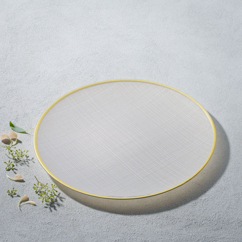 Vikko - Willow, Glass Charger, White with Gold Rim, 13"