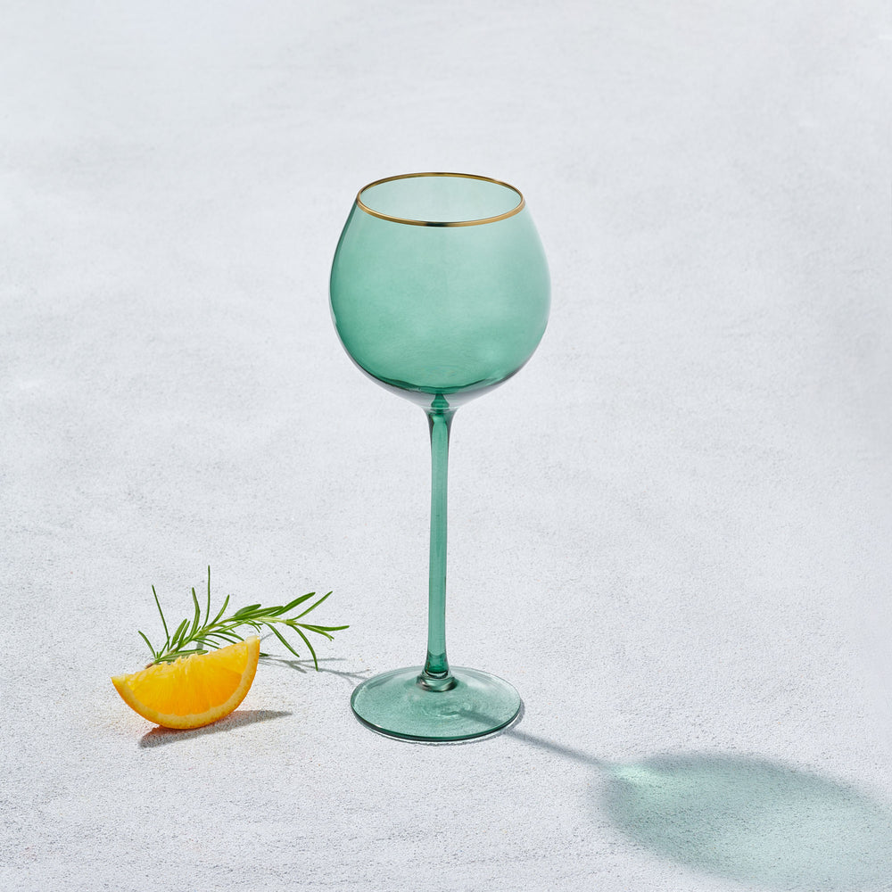 Vikko - Platinum, Ball Wine Glass, Green with Gold Rim, 17 oz