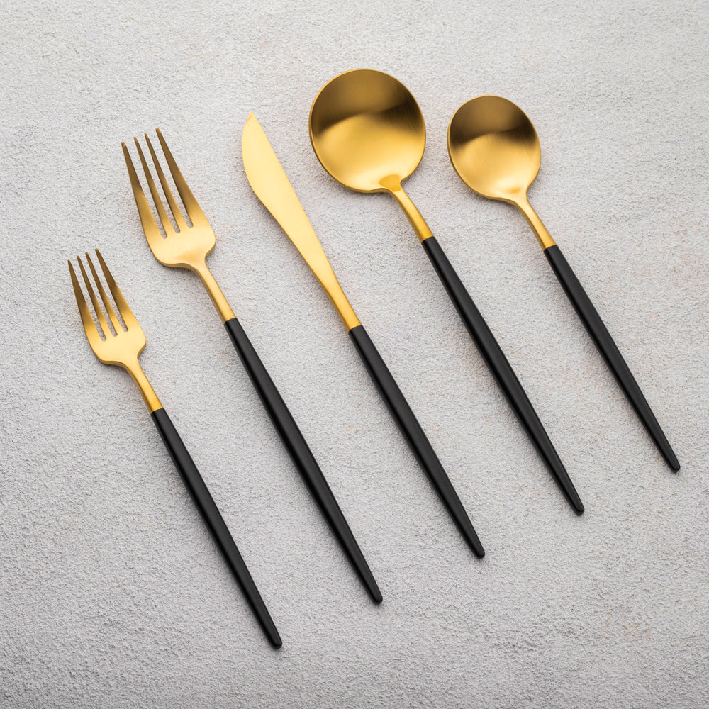 Vikko - Vera, Brushed Gold with Black Handle, 18/10 SS, 20 Pc Flatware Set - Gift Box Window