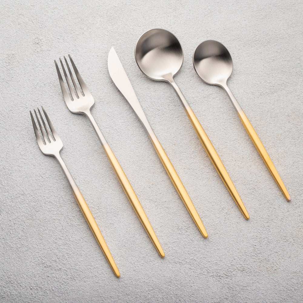 Vikko - Vera, Brushed Silver Ombre with Gold Handle, 18/10 SS, 20 Pc Flatware Set - Gift Box No Window