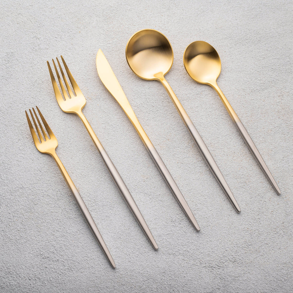 Vikko - Vera, Brushed Gold Ombre with Silver Handle, 18/10 SS, 20 Pc Flatware Set - Gift Box No Window
