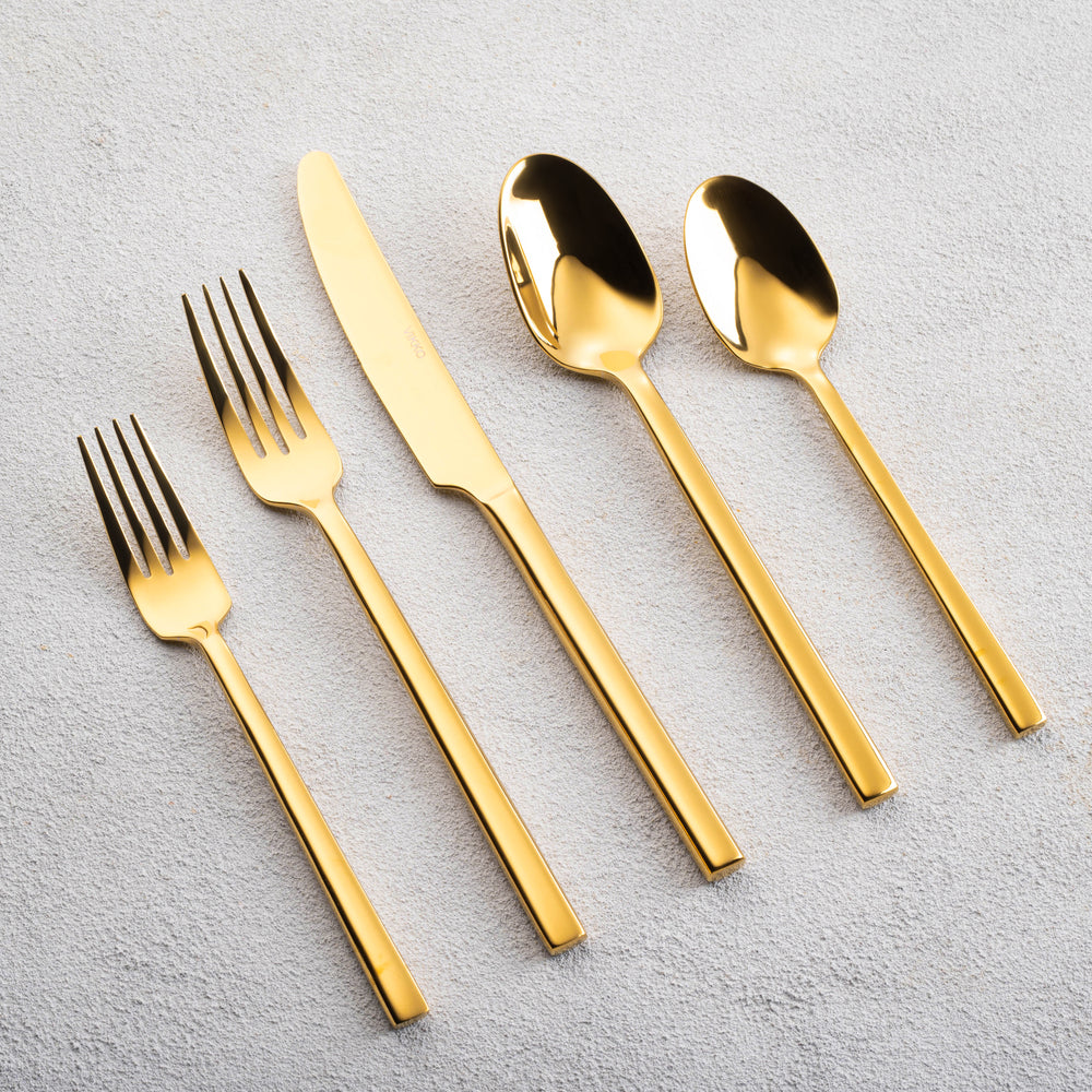 Vikko - Sapphire, Shiny Gold, 18/10 SS, 20 Pc Flatware Set - Gift Box Window