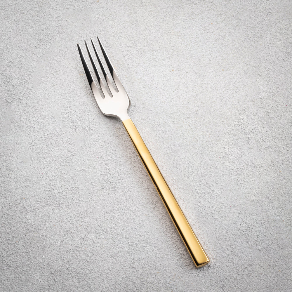 Vikko - Sapphire, Shiny Silver with Gold Handle, 18/10 SS, Square Dinner Fork
