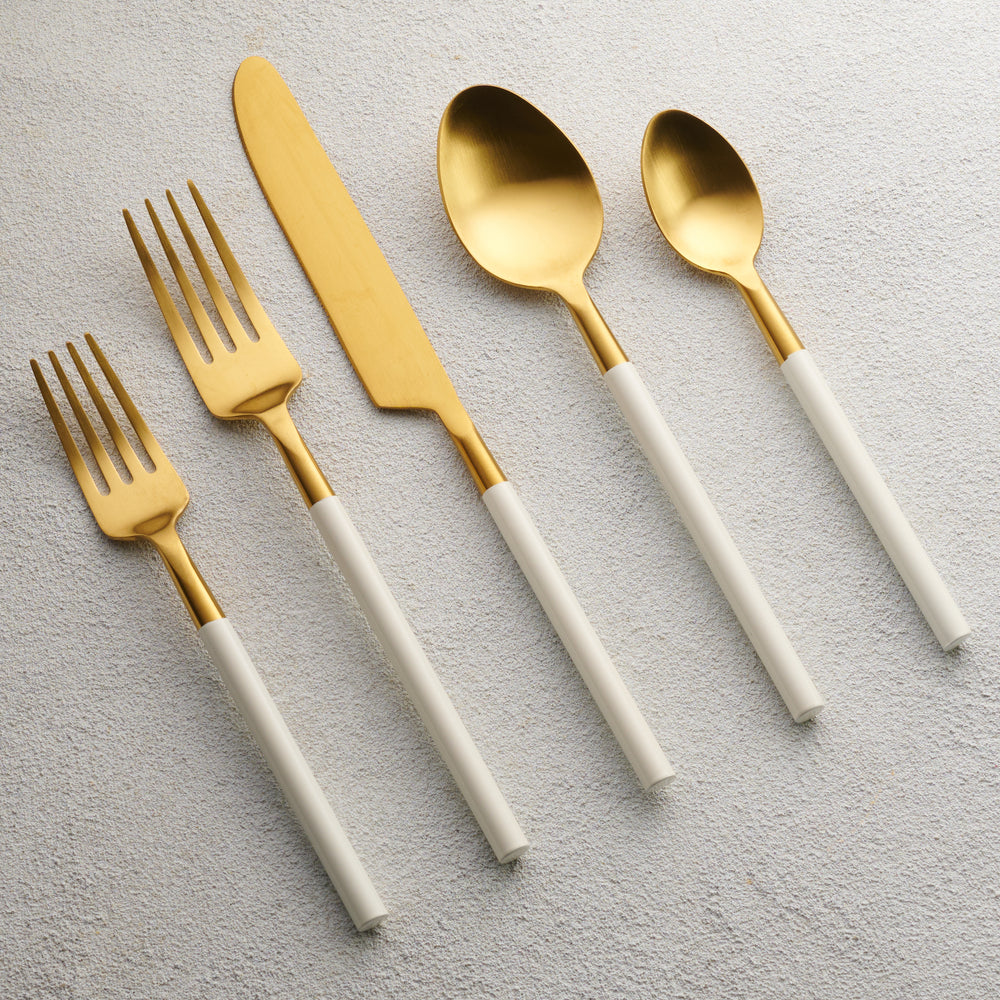 Vikko - Cove, Brushed Gold with White Handle, 18/10 SS, 20 Pc Flatware Set - Gift Box No Window