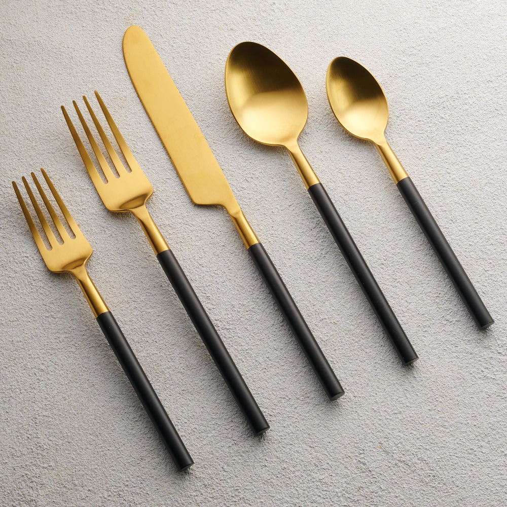 Vikko - Cove, Brushed Gold with Black Handle, 18/10 SS, 20 Pc Flatware Set - Gift Box No Window