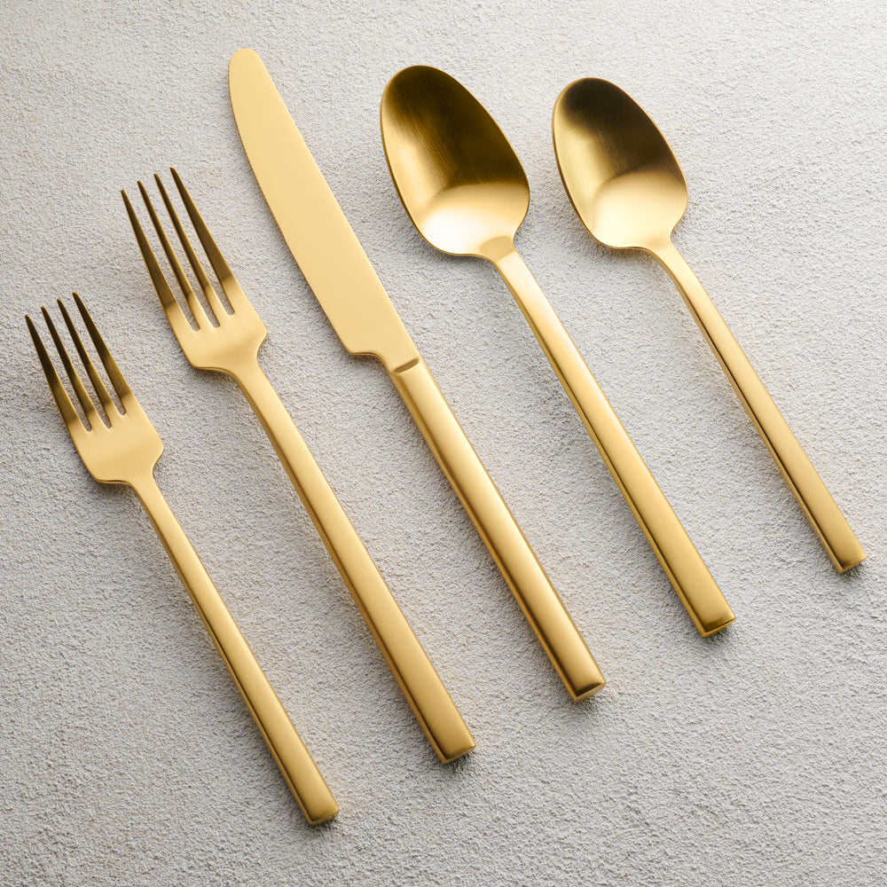 Vikko - Sapphire, Brushed Gold, 18/10 SS, 20 Pc Flatware Set - Gift Box Window