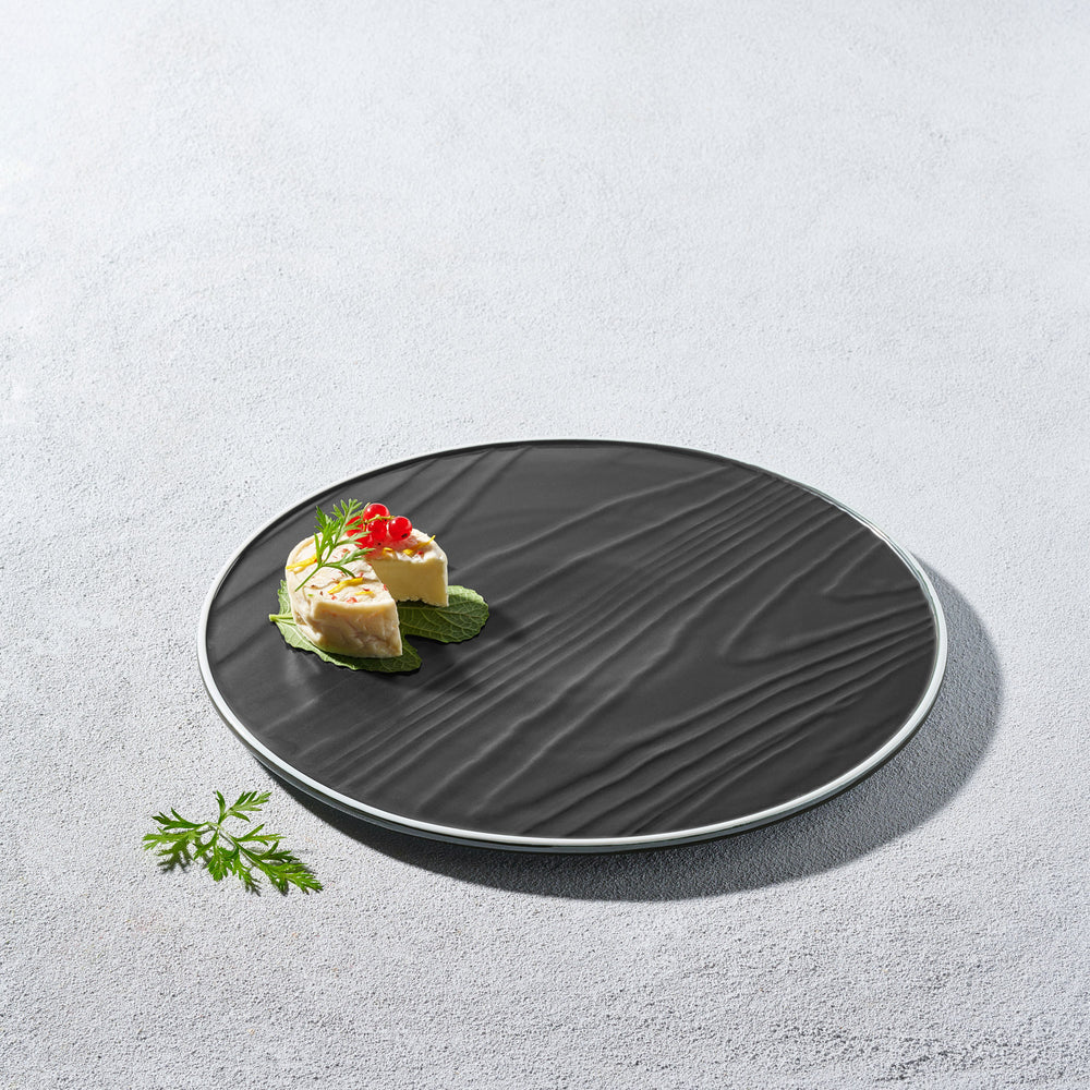 Vikko - Thunder, Grain Textured Round Plate, Black with White Rim, 10"