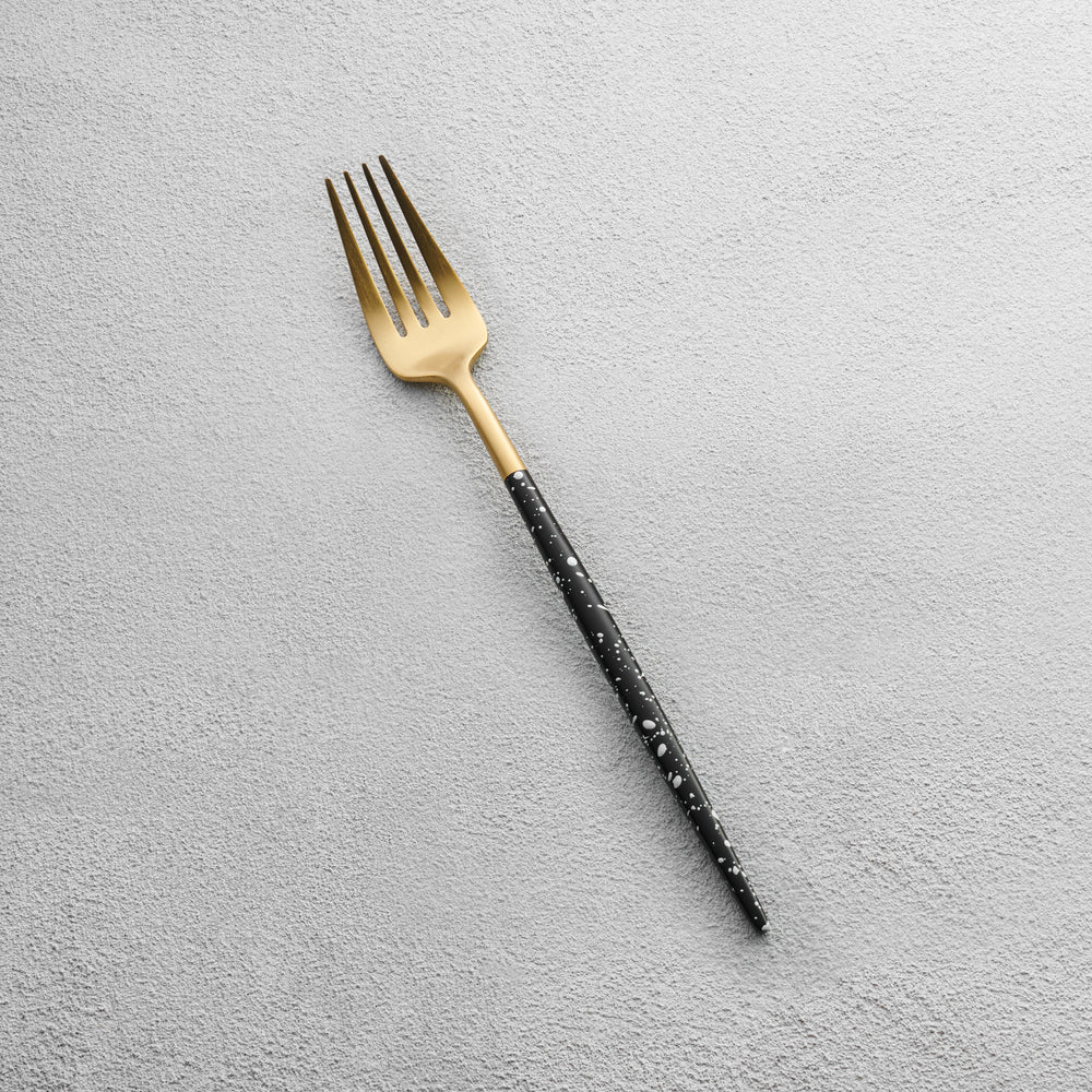 Vikko - Vera, Brushed Gold with White Speckled Black Handle, 18/10 SS, Dinner Fork