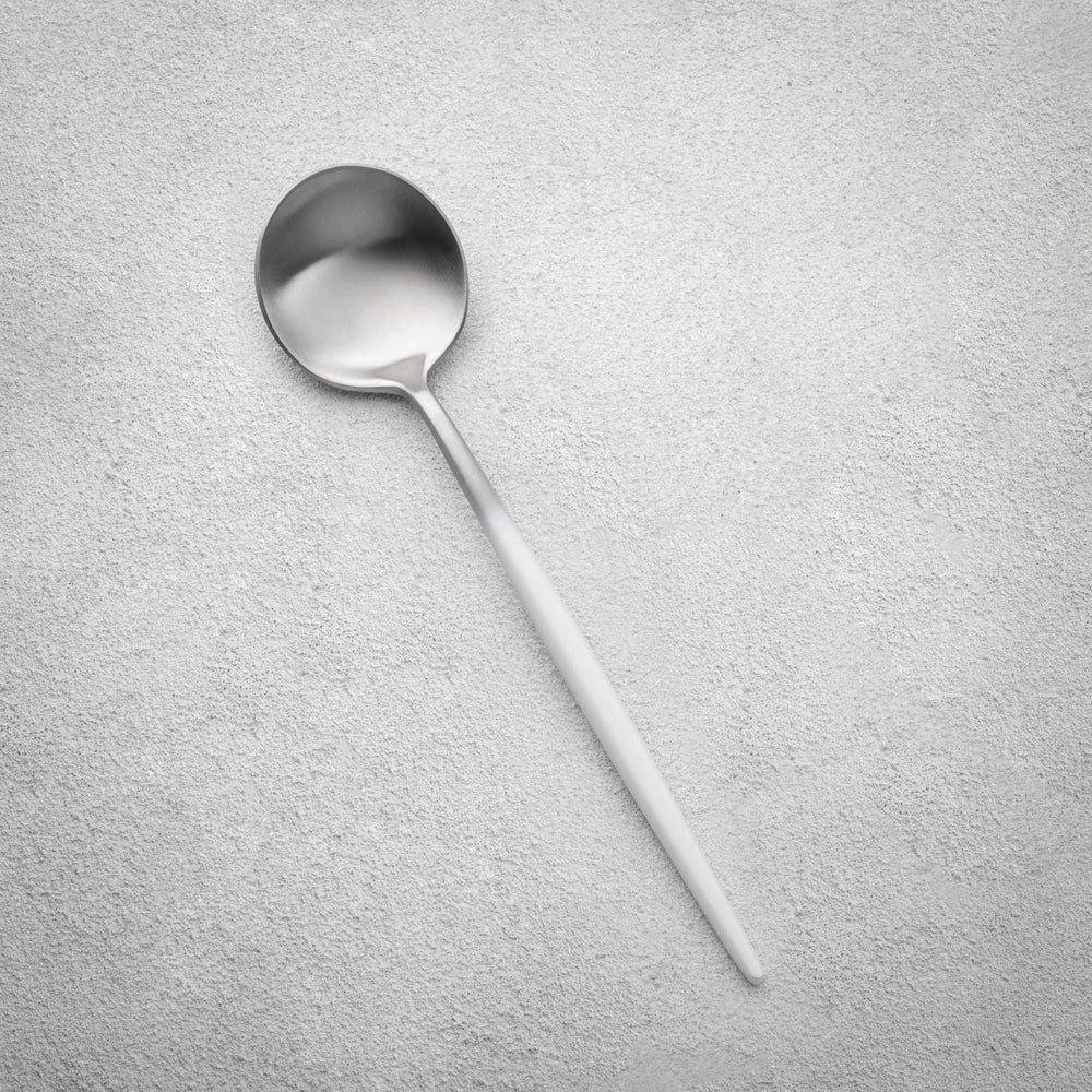Vikko - Vera, Brushed Silver Ombre with White Handle, 18/10 SS, Soup Spoon