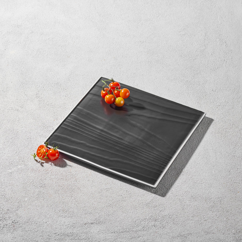 Vikko - Thunder, Grain Textured Square Plate, Black with White Rim, 10"