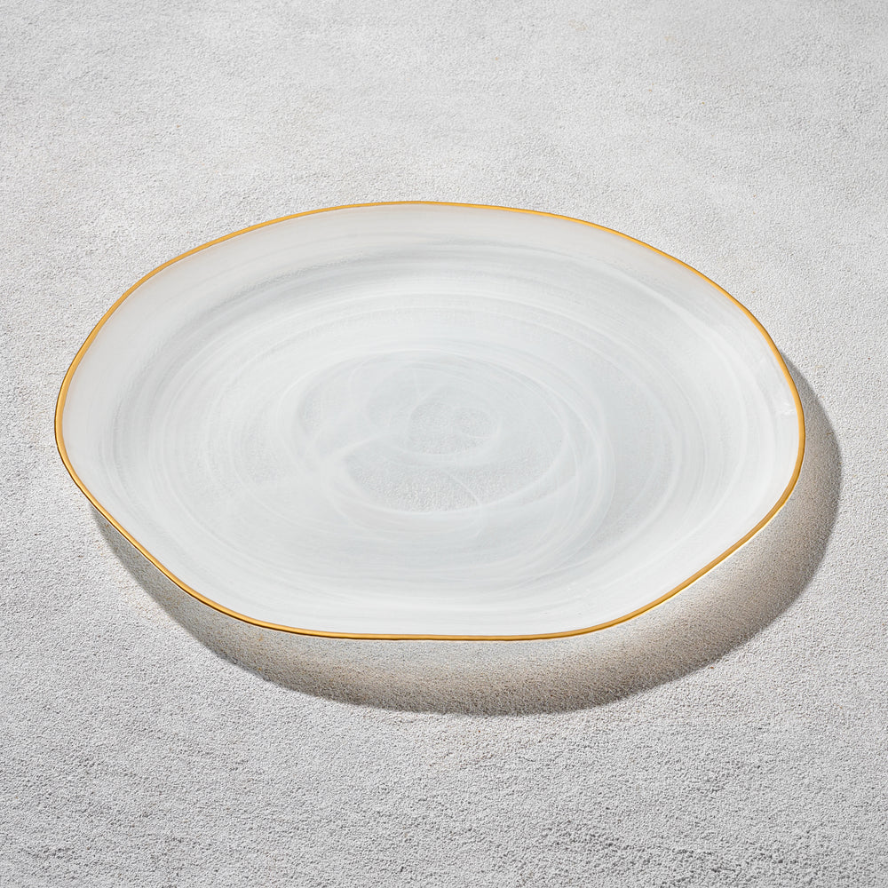 Vikko - Cedar, Glass Charger, White Alabaster with Gold Rim, 13"