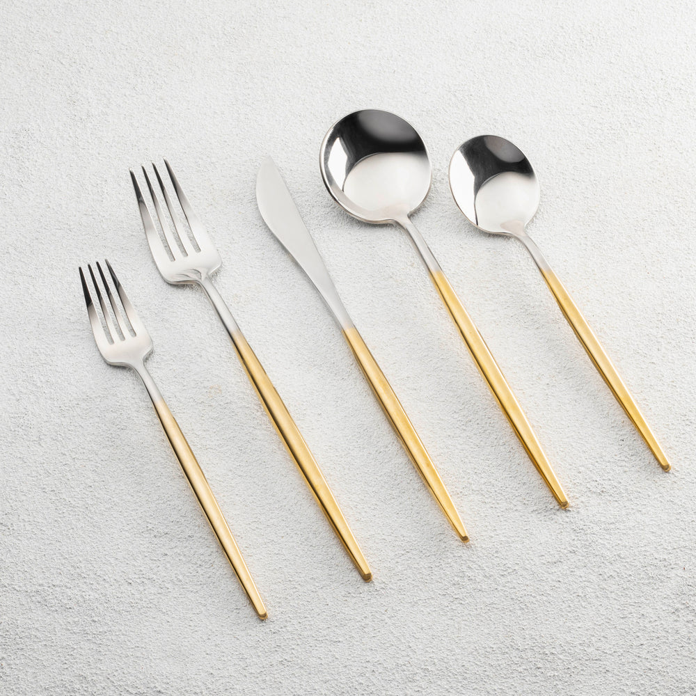Vikko - Vera, Shiny Silver Ombre with Gold Handle, 18/10 SS, 20 Pc Flatware Set - Gift Box No Window