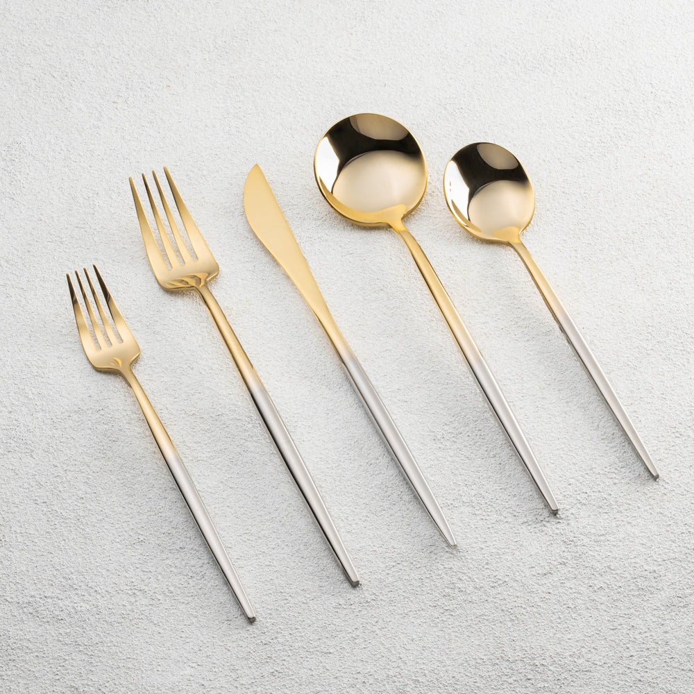 Vikko - Vera, Shiny Gold Ombre with Silver Handle, 18/10 SS, 20 Pc Flatware Set - Gift Box Window