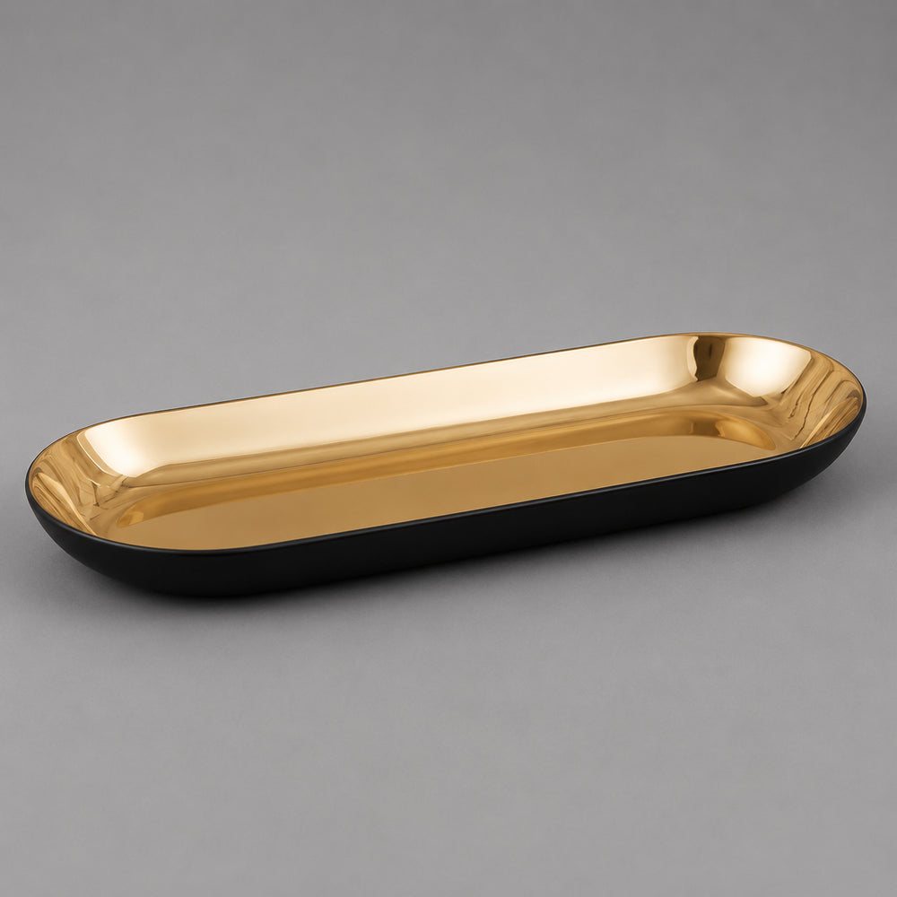 Vikko - Sky, Oval Double Wall Serving Tray, Black and Gold, 19.75"