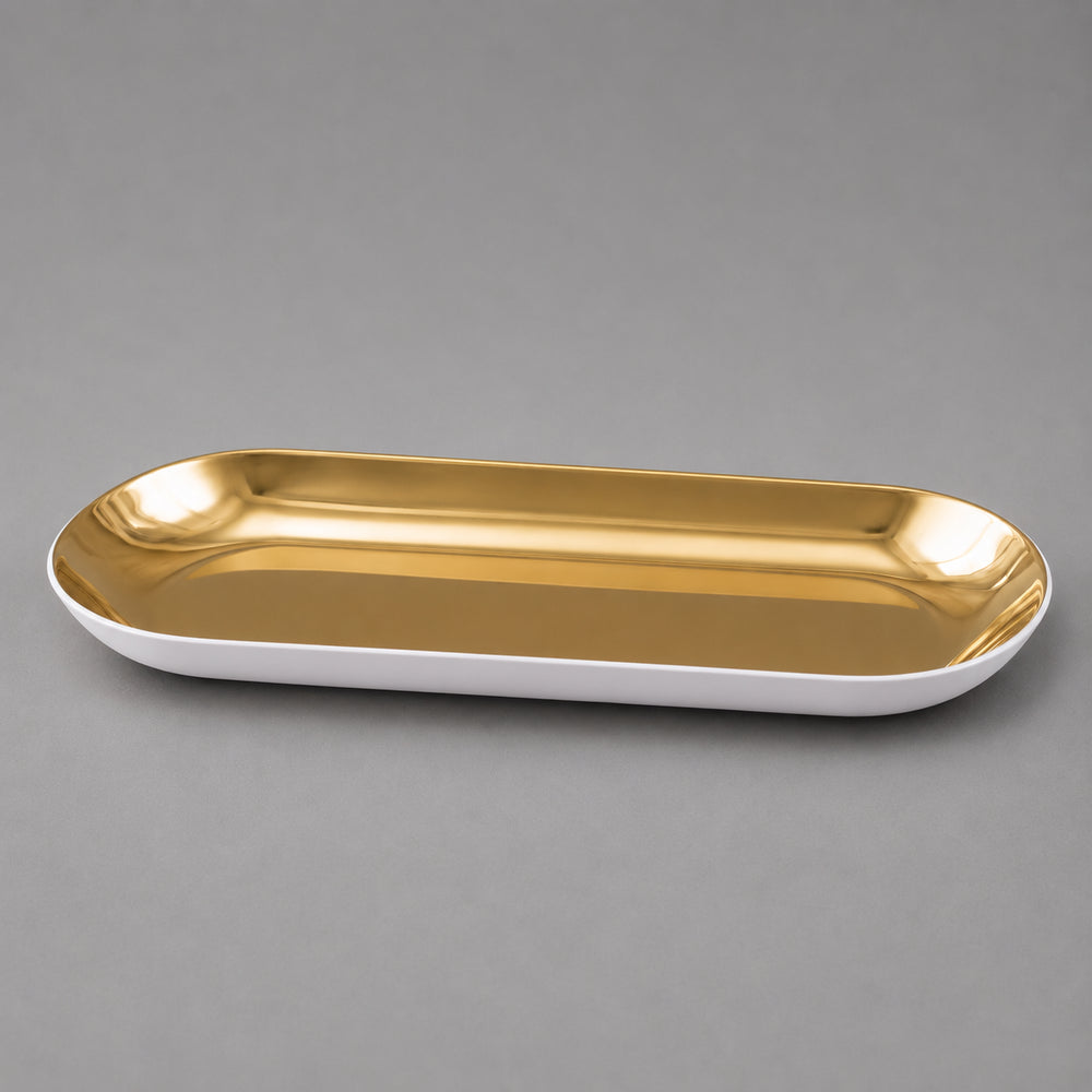 Vikko - Sky, Oval Double Wall Serving Tray, White and Gold, 19.75"