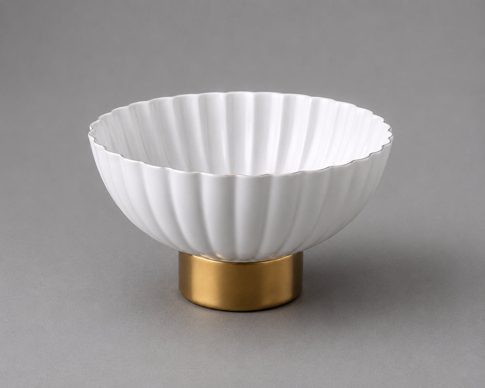 Vikko - Orbit, Ribbed Pedestal Bowl, White and Gold, 12.5"