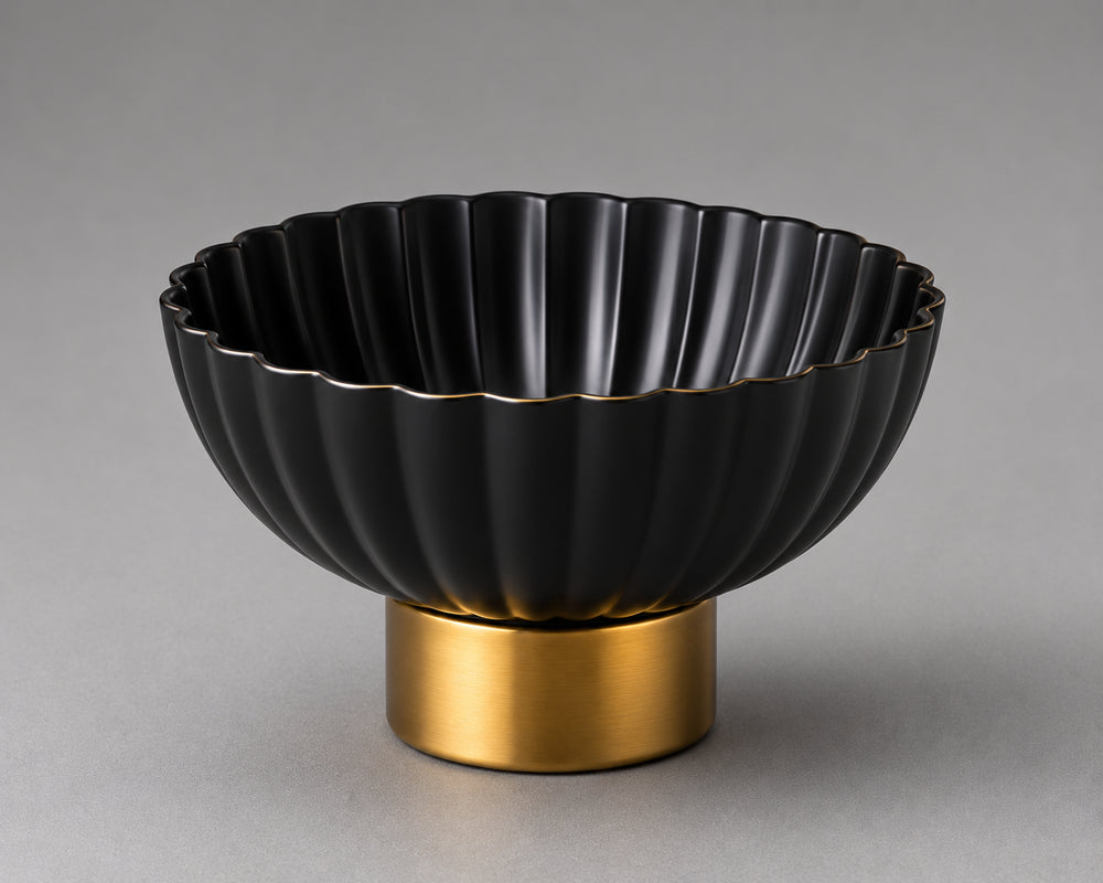 Vikko - Orbit, Ribbed Pedestal Bowl, Black and Gold, 12.5"