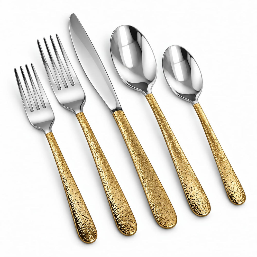 Prestige - Pebble Beach, Shiny Silver with Gold Handle, 18/10 SS, 20 Pc Flatware Set - Gift Box