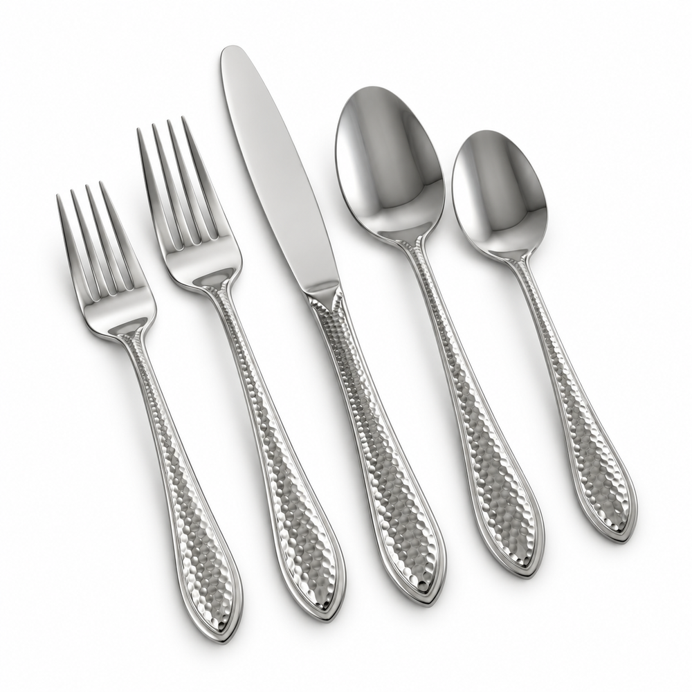 Prestige - American Hammered, Shiny Silver, 18/10 SS, 20 Pc Flatware Set - Gift Box