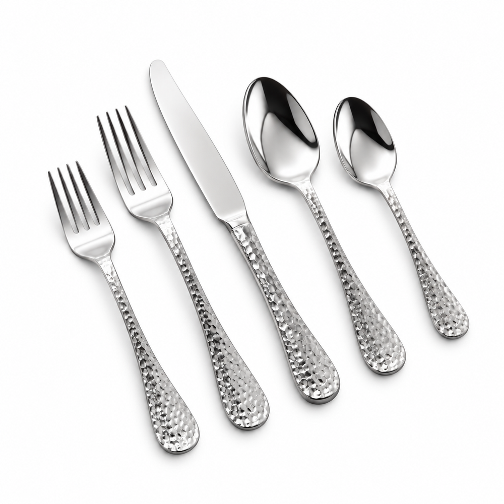 Prestige - Euro, Shiny Silver, Hammered, 20 Pc Flatware Set - Gift Box