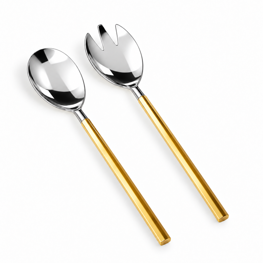 Prestige - Hexagon, Shiny Silver with Gold Handle, 2 Pc Serving Set - Gift Box
