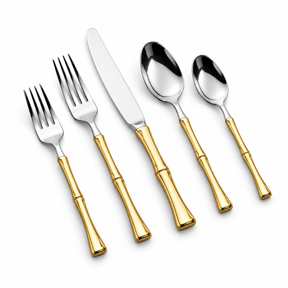 Prestige - Bamboo, Shiny Silver with Gold Handle, 18/10 SS, 20 Pc Flatware Set - Gift Box
