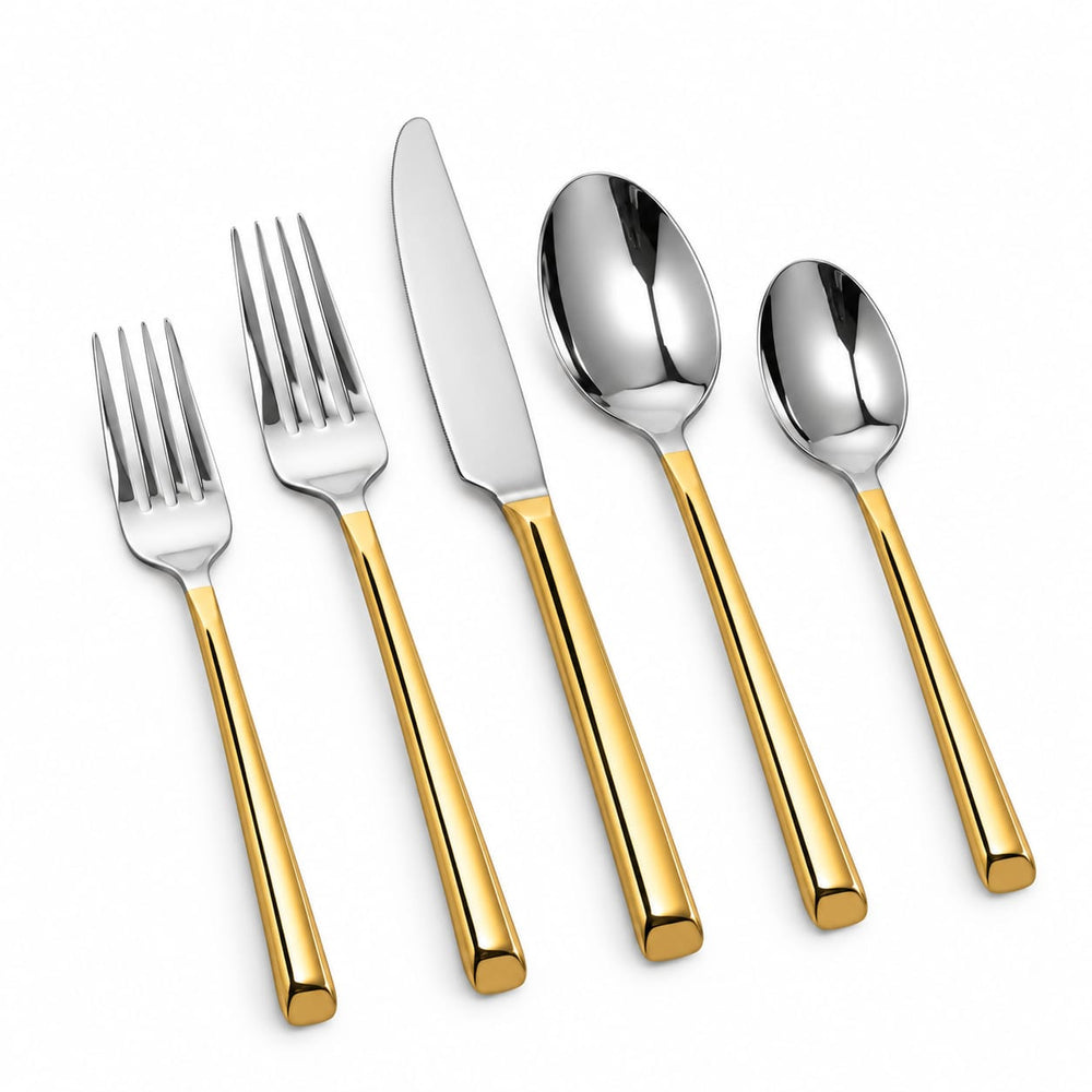 Prestige - Hexagon, Shiny Silver with Gold Handle, SS, 20 Pc Flatware Set - Gift Box