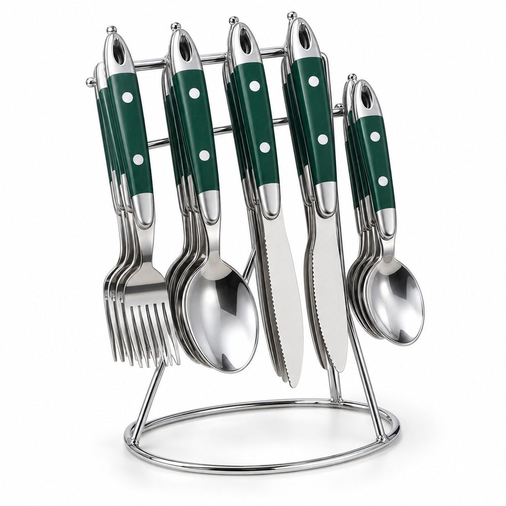 Prestige - Cambridge, Casuals, Green Handle, SS, 20 Pc Flatware Set with Serving Caddy