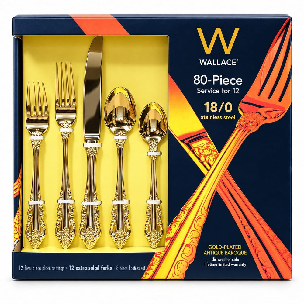 Prestige - Wallace, Antique Baroque, Gold Plated, 18/0 SS, 80 Pc Flatware Set, Service for 12