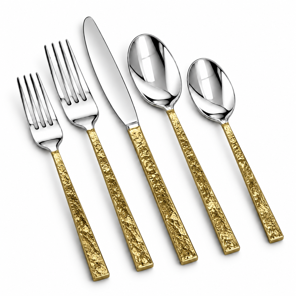 Prestige - Mohabe, Shiny Silver with Gold Textured Handle, 18/10 SS, 20 Pc Flatware Set - Gift Box