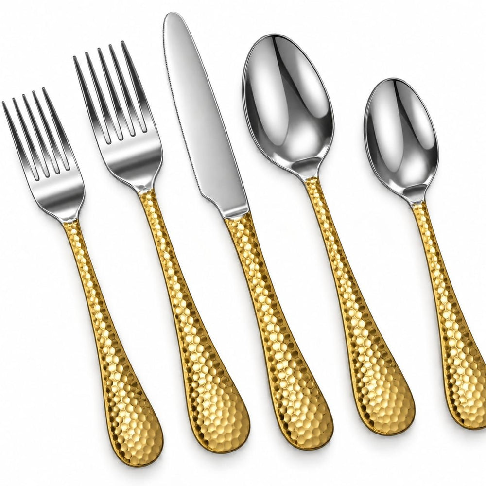 Prestige - Euro Hammered, Shiny Silver with Gold Handle, SS, 20 Pc Flatware Set - Gift Box